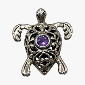 Handcrafted Sterling Silver Amethyst Turtle Pendant ATI Bali Openwork Scrollwork